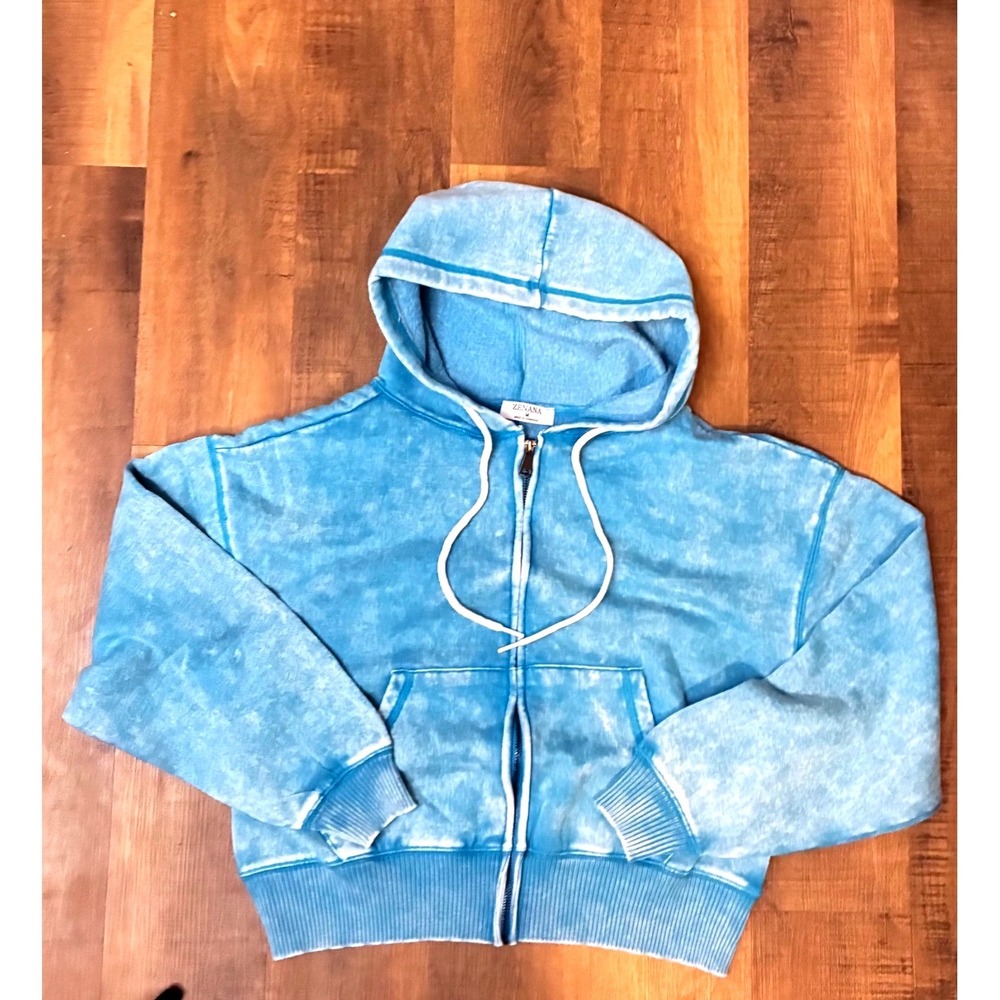 Zenana Women Mineral Wash Zip Up Hoodie Blue Fleece Size M NWTS Soft Cozy